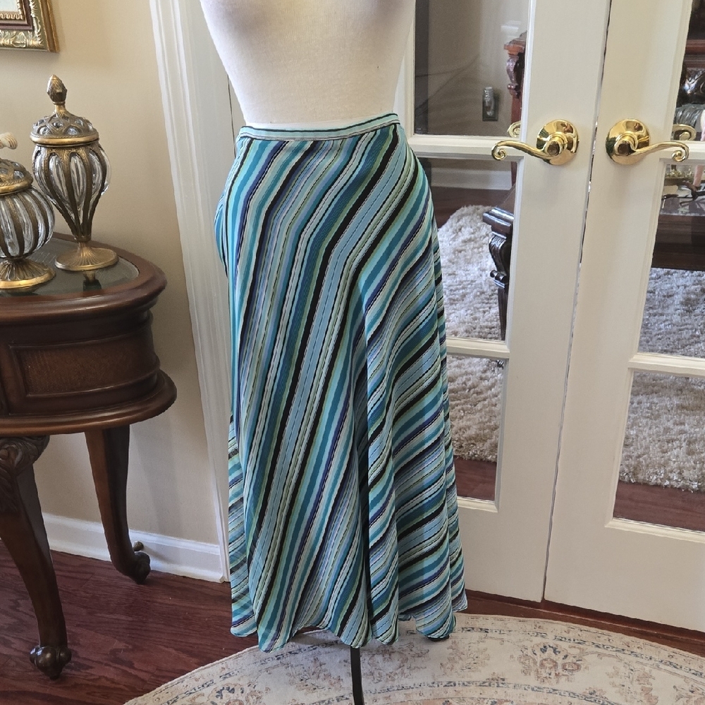 East 5ylth Woman Multicolor Striped A-Line Skirt Aqua Black Lime side Zip 2X NEW